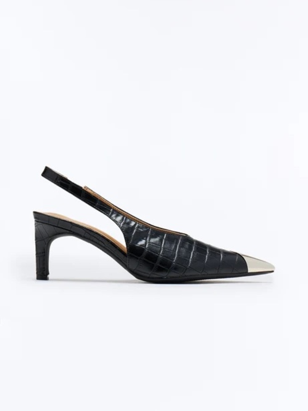 Black Croc-Embossed Slingback Pump with Silver Toe Cap